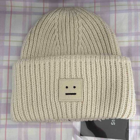 Acne Embroidered Smiley Wool Hat White - Picture 1 of 6